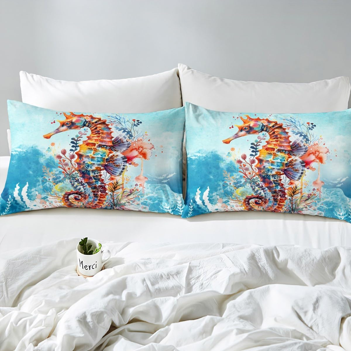 Feelyou Seahorse Sheet Set Queen Ocean Creature Themed Sheets with Deep Pocket Fitted Sheet Sea Creature Underwater World Bed Sheets Set Marine Life Sealife Bedding Set Room Decor Underwater Bed Set