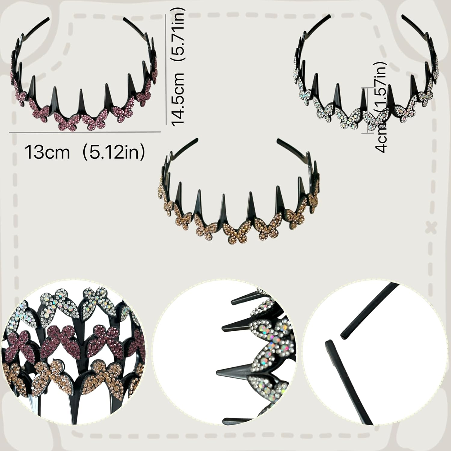 Ypkia Pack of 3 Zigzag Headband Butterfly Rhinestone Women'S Wavy Hair Band Shark Tooth Hair Comb Headband Elegant Headband for Women Girls image number 2
