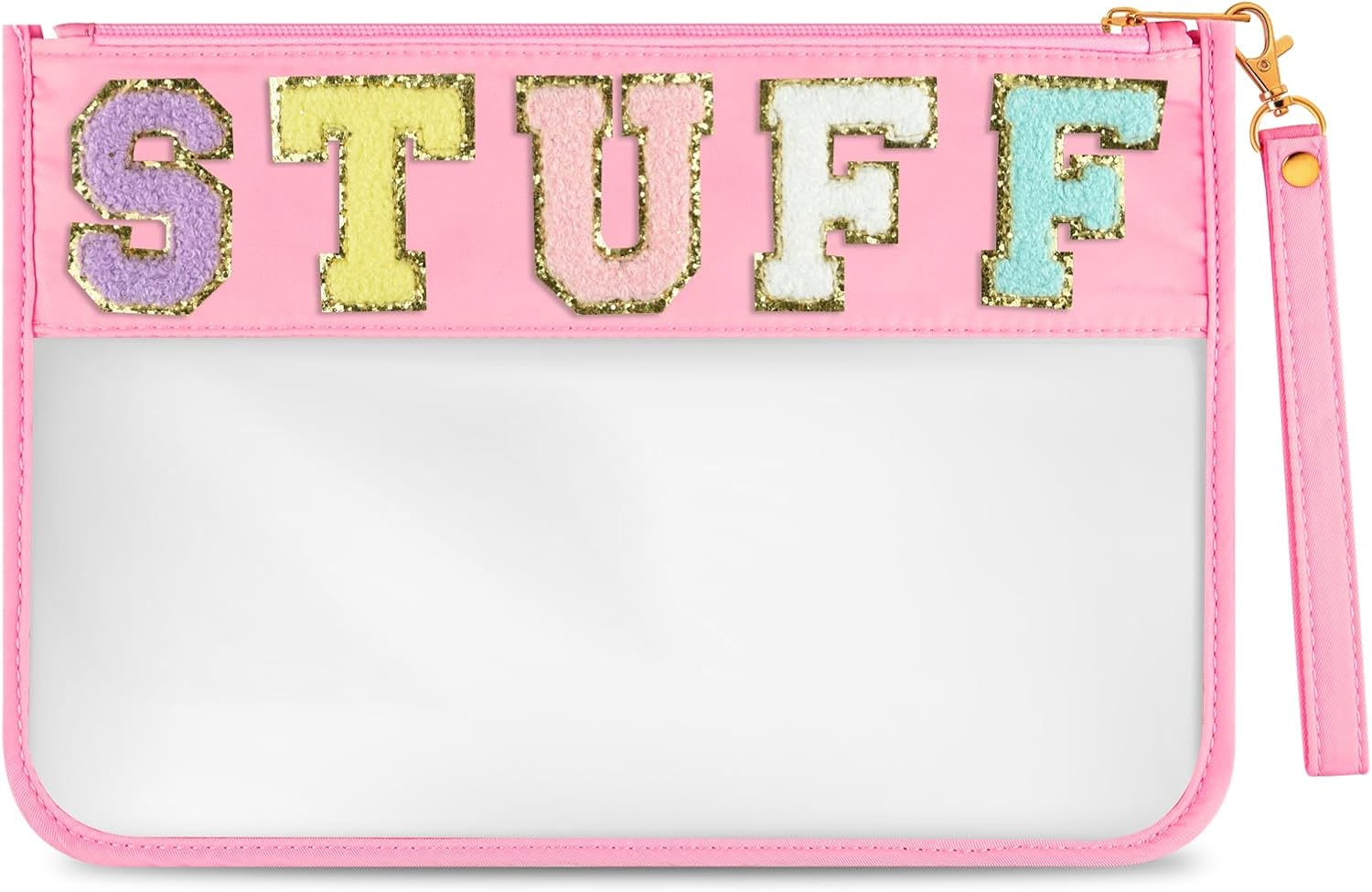 Morcheiong Chenille Letter Bag Clear Zipper Stuff Pouch PVC and Nylon Makeup Bag with Handle for Travel School Gym Beach image number 3