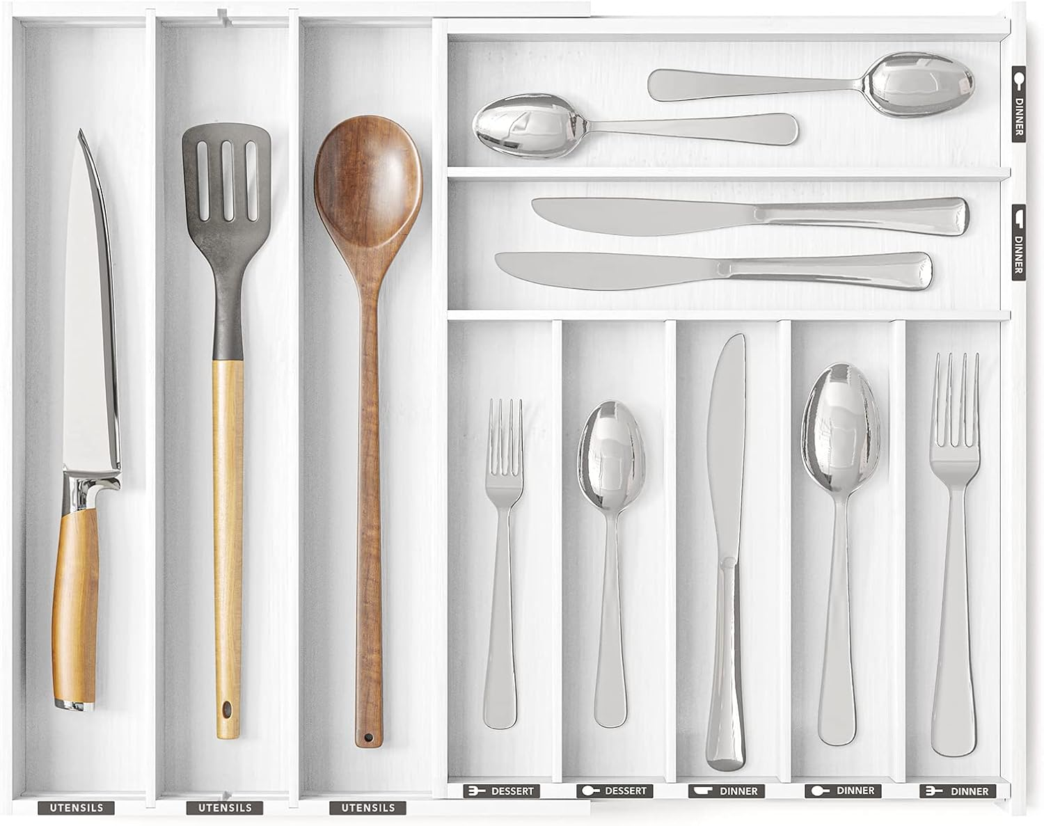 Spaceaid Bamboo Silverware Drawer Organizer with Labels, Kitchen Utensil Expandable Tray Holder for Flatware, Cutlery, Spoon and Knives Storage Organization (Natural, 10 Slots) (CJSN-PF-DB01)