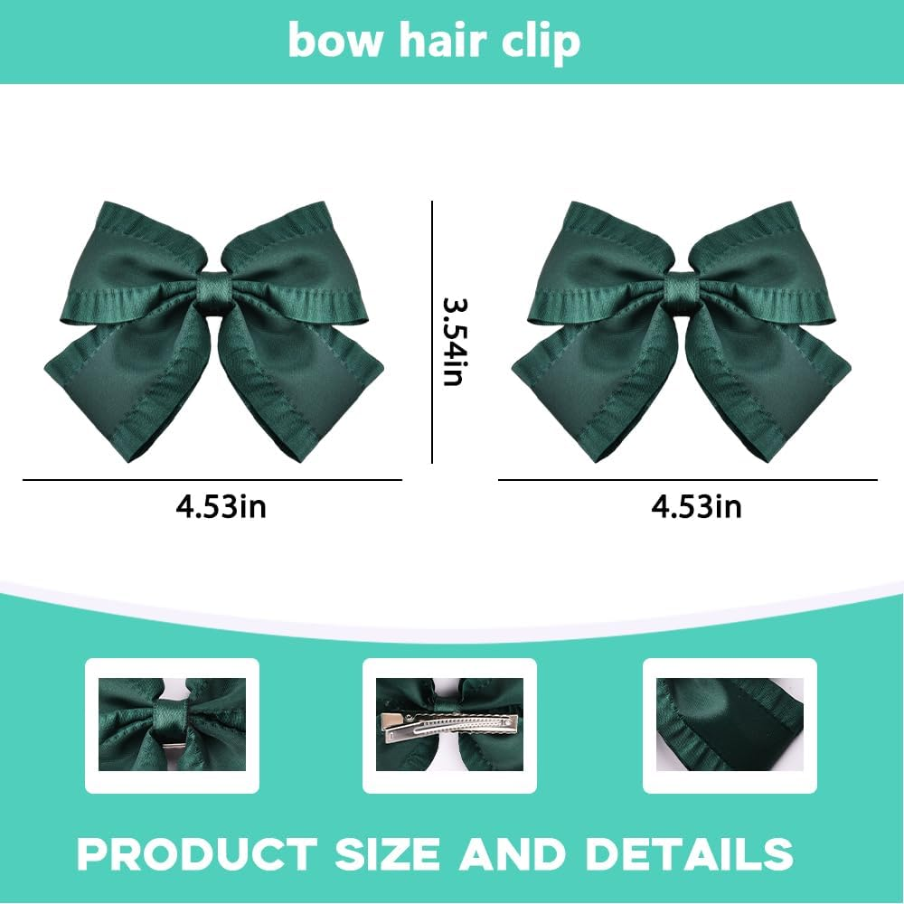 4 Inch Emerald Green Hair Bows with Ruffle Edge Cute Satin Bowknot Alligator Clips Hairpins Cute Ruffled Green School Cheer Bow Clips St Patricks Day Christmas Bows Hair Accessories for Girls 2 PCS - Pink image number 3
