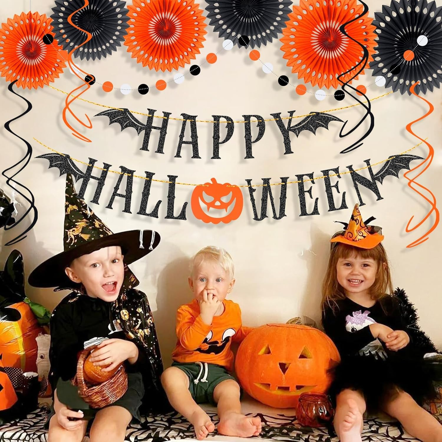 Hapurs Happy Halloween Banner, Halloween Office Decorations Paper Fans Halloween Banner for Wall Mantle, Glitter Bat Wings Hanging Halloween Party Decorations image number 1