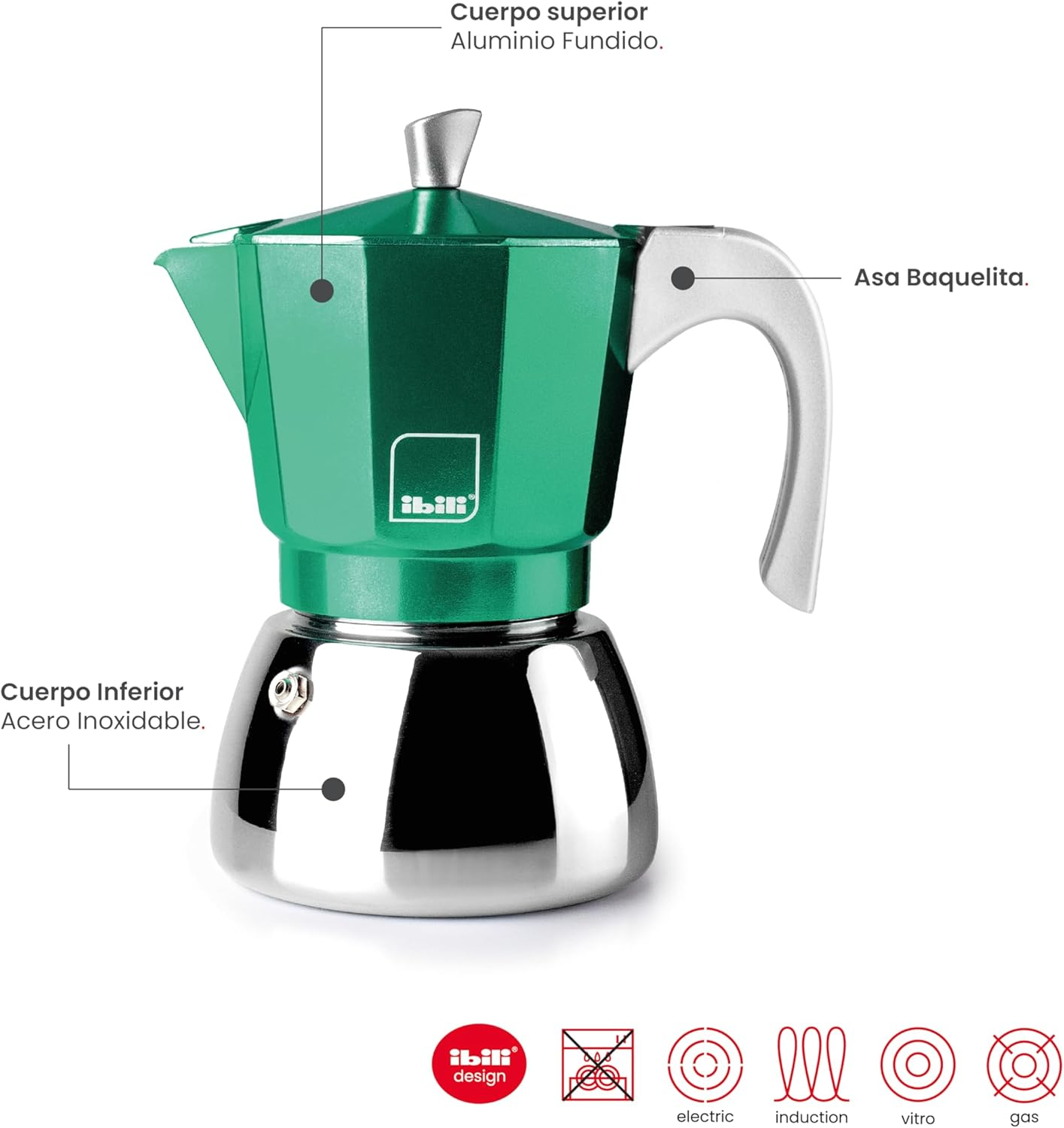 IBILI - Elba Green Espresso Machine, 3 Cups, 150 Ml, Cast Aluminium, Stainless Steel Base, with Reducer for 2 Cups, Suitable for Induction image number 2