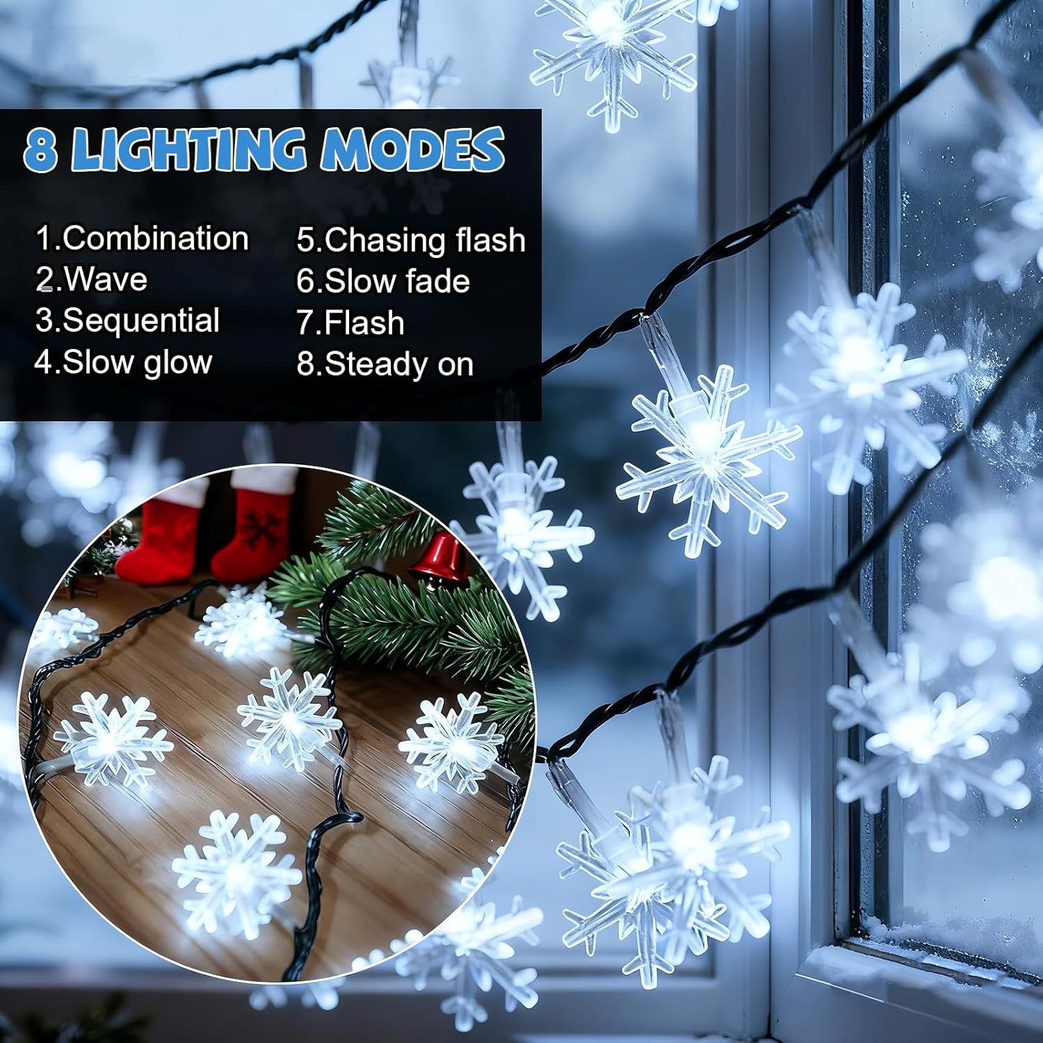 Qoosea Solar Snowflake Fairy Lights Christmas, 7 M 50 LED Solar Christmas Lighting Outdoor IP65 Waterproof, 8 Modes Solar Fairy Lights, Solar Lights, Christmas Decoration for Garden, Balcony, Wedding image number 2