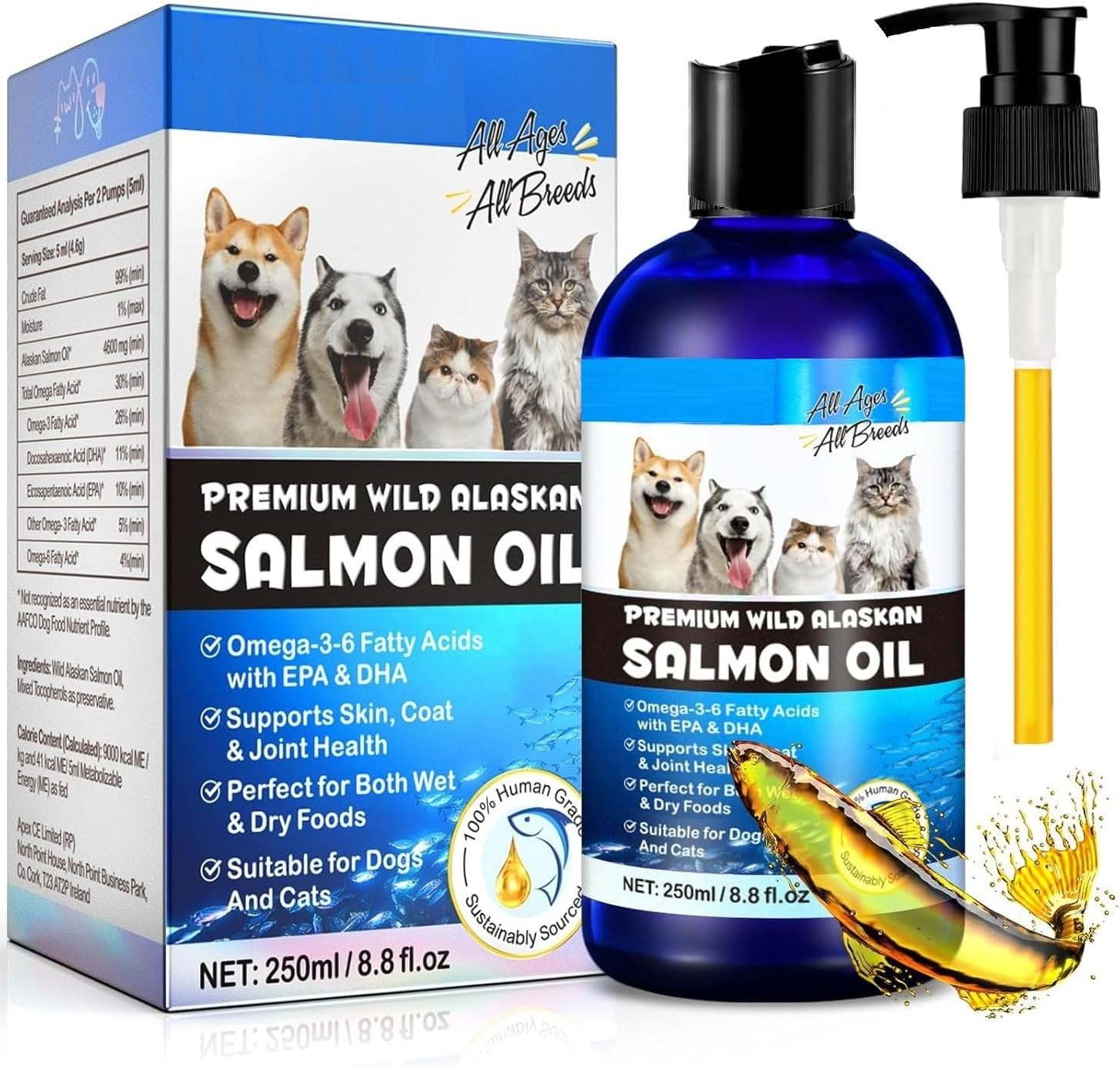 Wild Alaskan Salmon Oil for Dogs & Cats &ndash; Omega 3 & 6 Fish Oil Supplement &ndash; Cold-Pressed, Natural EPA + DHA for Skin, Coat, Joint & Immune Support &ndash; Heart & Brain Health &ndash; 250Ml - Vet-Approved Formula image number 5
