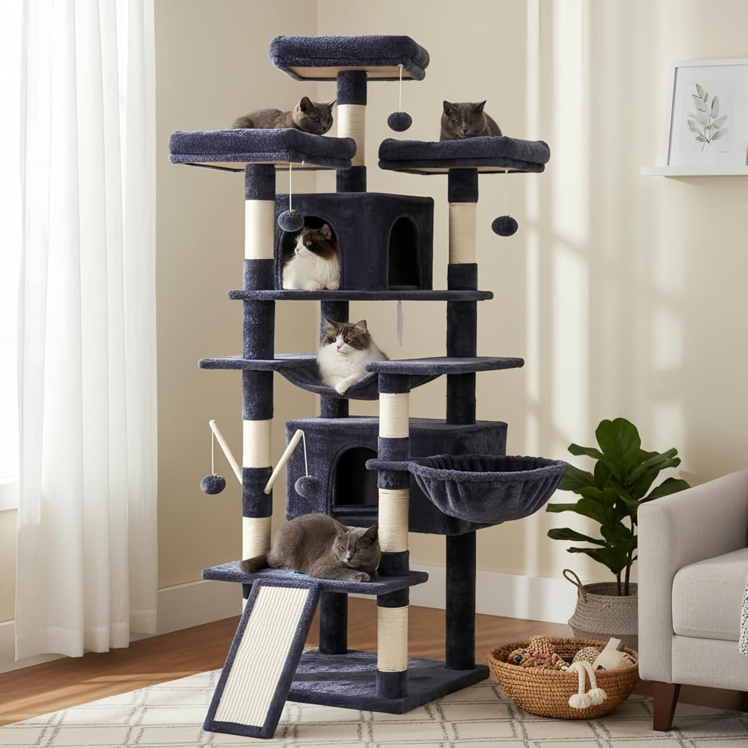 Hey-Brother Cat Tree, 180 Cm XL Large Cat Tower for Indoor Cats, Multi-Level House with 3 Padded Perches, Big Scratcher, Cozy Basket, 2 Cat Condos and Scratching Posts, Smoky Gray MPJ034G image number 5