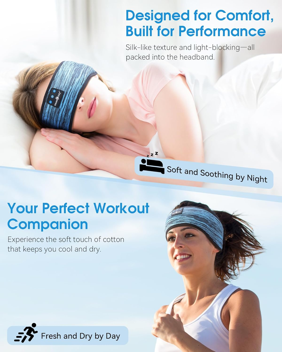 MUSICOZY Sleep Headphones Bluetooth Headband, Wireless Music Sleeping Mask Headphones Earbuds Earphones Sweatproof for Women Mom Sports Workout Running Jogging Yoga Cool Gadgets Unique Gifts image number 6