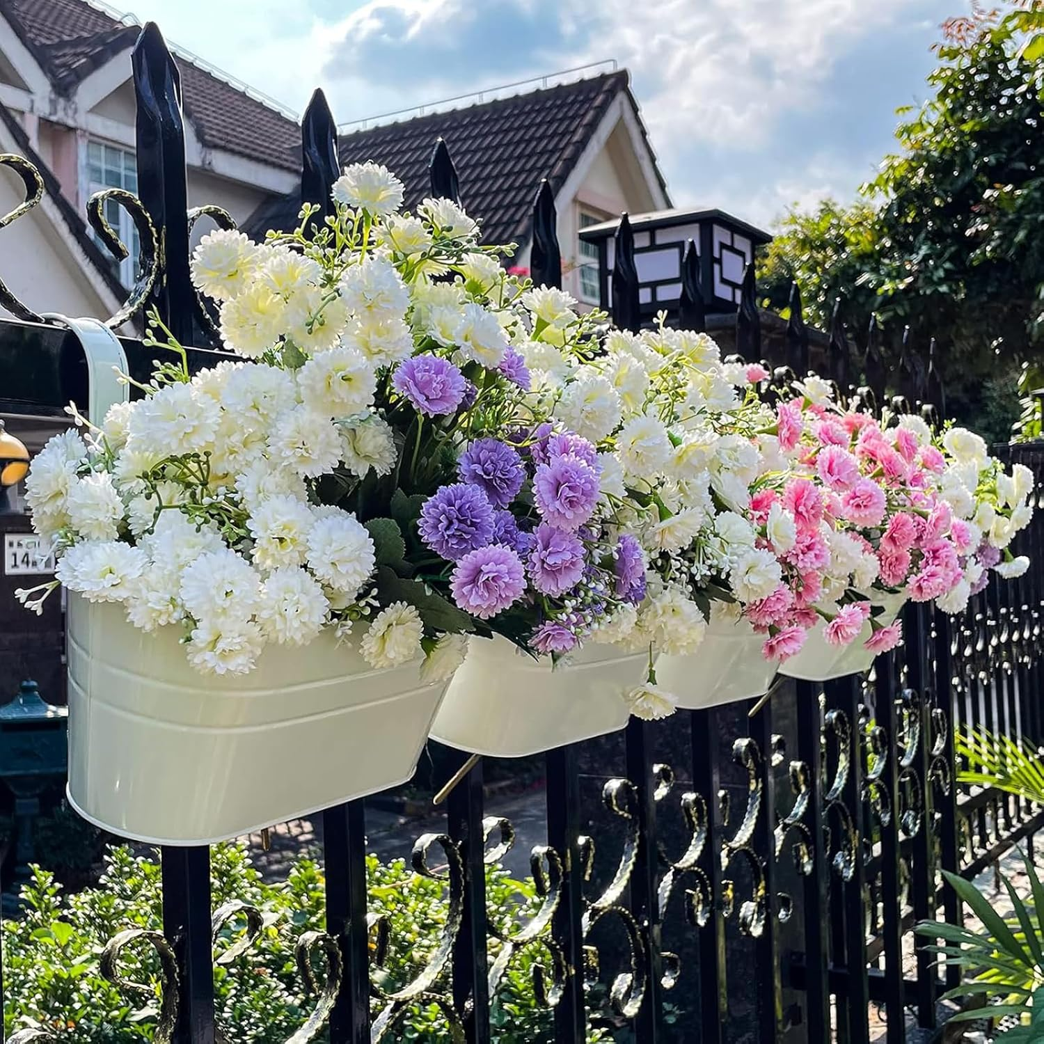 Zalizr 6 PCS Balcony Railing Planters, Metal Iron Hanging Flower Pots for Fence, Porch, Railing, and Balcony, Indoor/Outdoor Garden Decoration with Detachable Hooks (White)