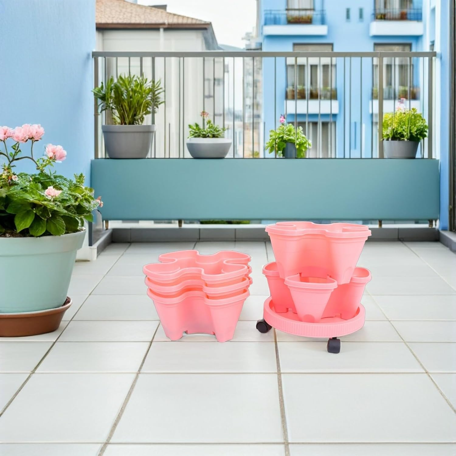 GAROZATION Stackable Vertical Strawberry Tower Planter with Movable Casters Multi-Layer Flower Pot for Outdoor Herb and Vegetable Gardening Space-Saving Pink Multi-Tiered Planter Box image number 4
