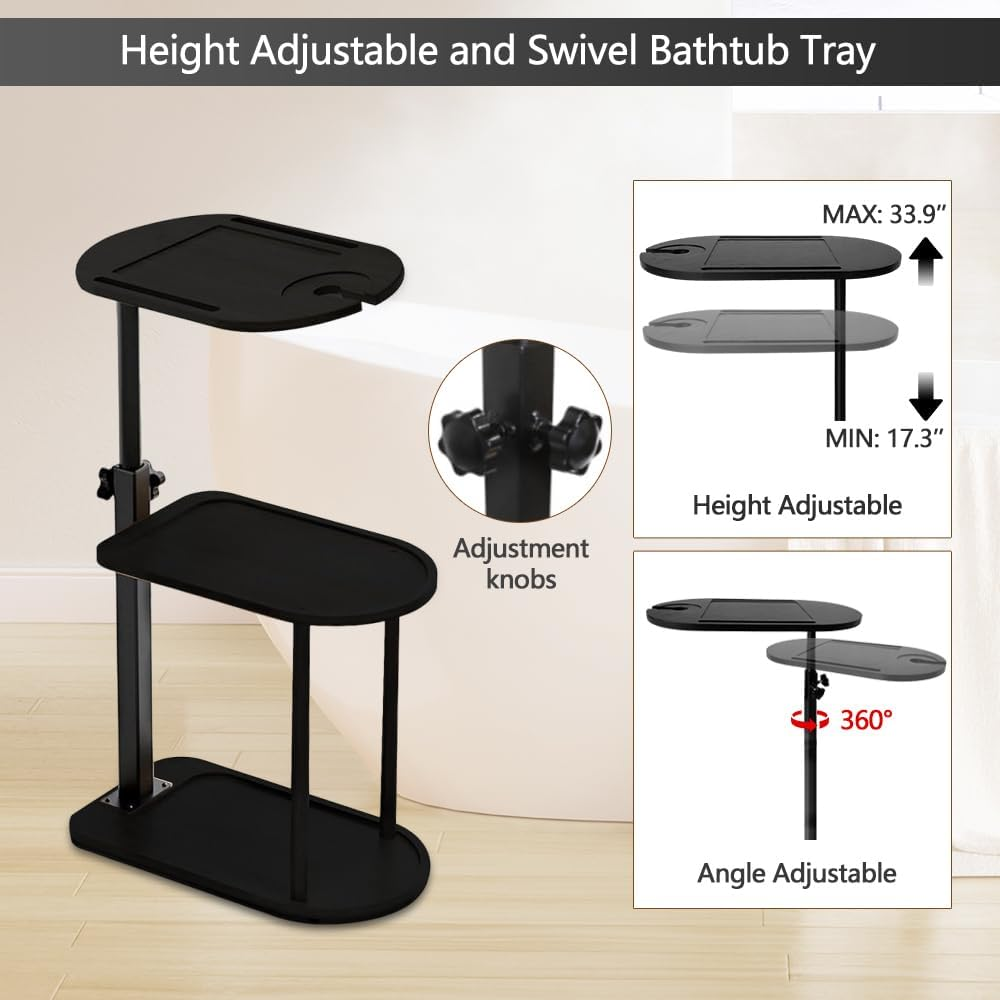 3 Layer Bathtub Tray Table,Bamboo Swivel Bathtub Side Table Height Adjustable,Freestanding Bathtub Tray for Tub against Wall,Bathtub Accessories&Bathroom Organizer for Luxury Home Spa (Black) image number 6