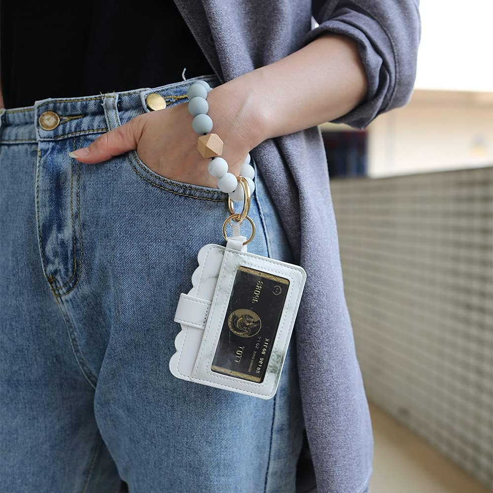 Silicone Beaded Bracelet Leather Keychain Wallet ID Card Holder Keyring Wristlet Bracelet Key Ring Chain Tassel Purse Women Girls Marbling