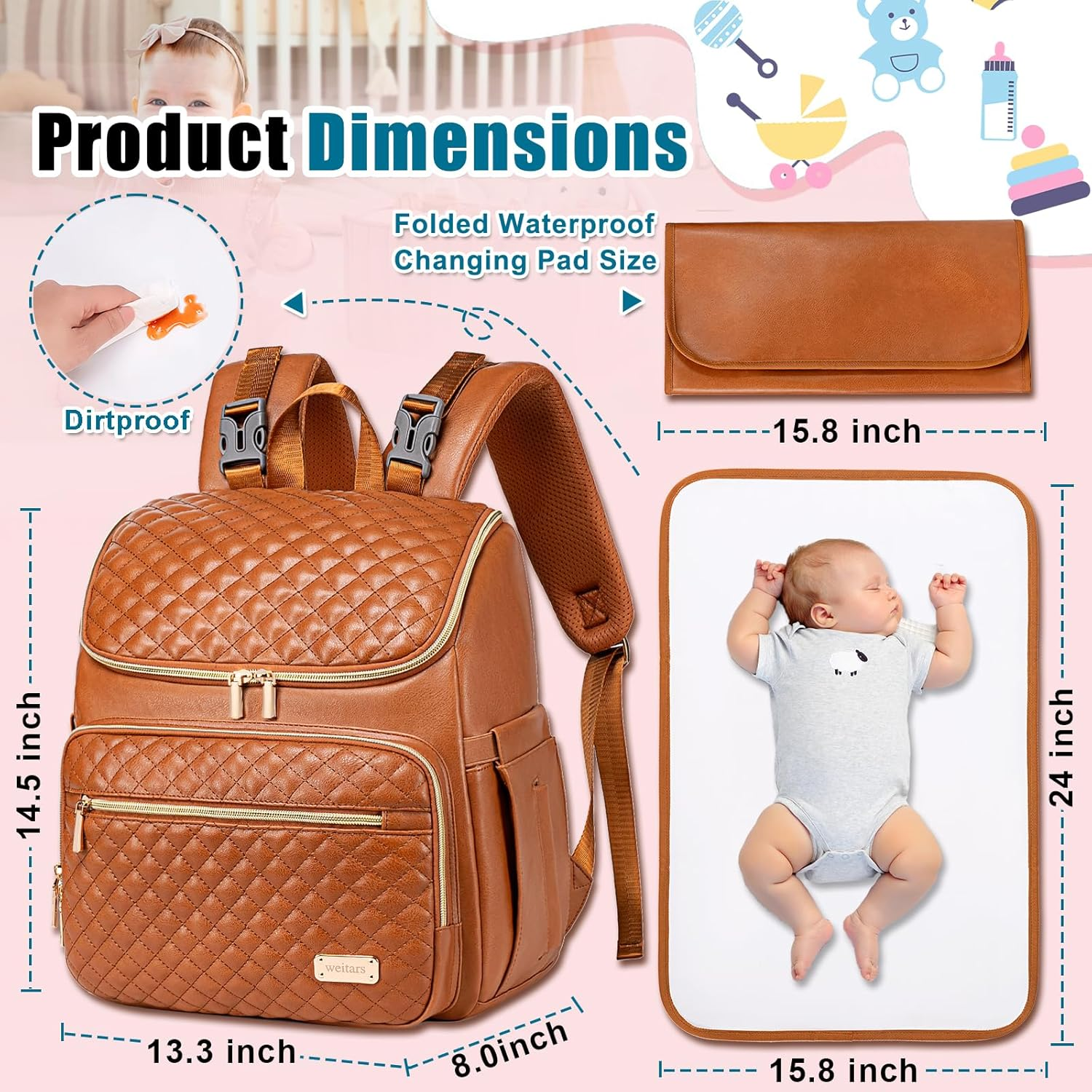 Weitars Diaper Bag Backpack Baby Diaper Bag with Changing Pad Travel Diaper Backpack,Baby Bag for Mom,5 Insulated Pockets