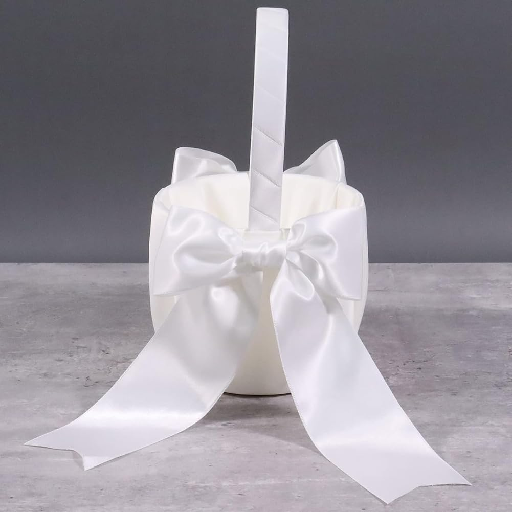 Veumoie 2 Piece White Flower Girl Basket Wedding Basket for Flower Cute Satin Flower Girl Basket image number 6