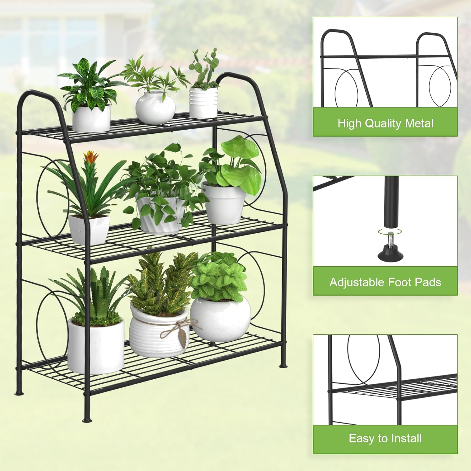 Plant Stand, 3 Tier Plant Shelf for Indoor Outdoor, Heavy Duty Metal Outdoor Plant Stand Holder Rack for Living Room Balcony and Garden, Iron Wire, Black image number 6