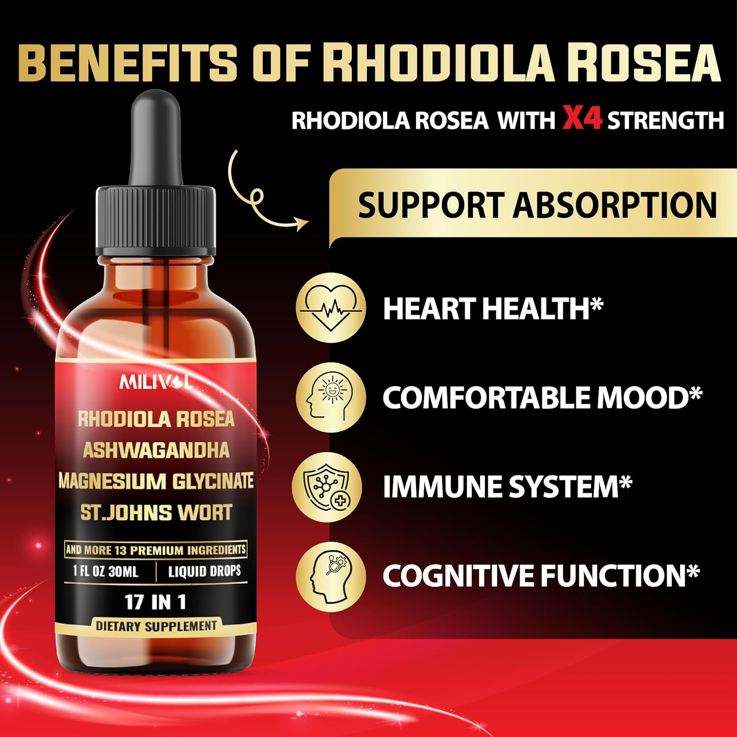 17In1 Rhodiola Rosea Tincture W.Ashwagandha Magnesium L-Theanine. Ultra Strength Rhodiola Cortisol Supplement for Relaxation, Mood, Energy - 60 Day Supply image number 3