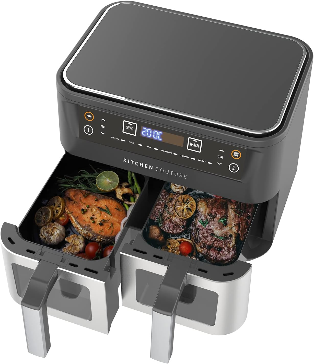 Kitchen Couture Dual Draw 10 Litre (2 X 5 Litre) Stainless Steel Air Fryer - Dual Cooking Zones, LED Display, Rapid Air Circulation, 1600W Black Silver image number 4