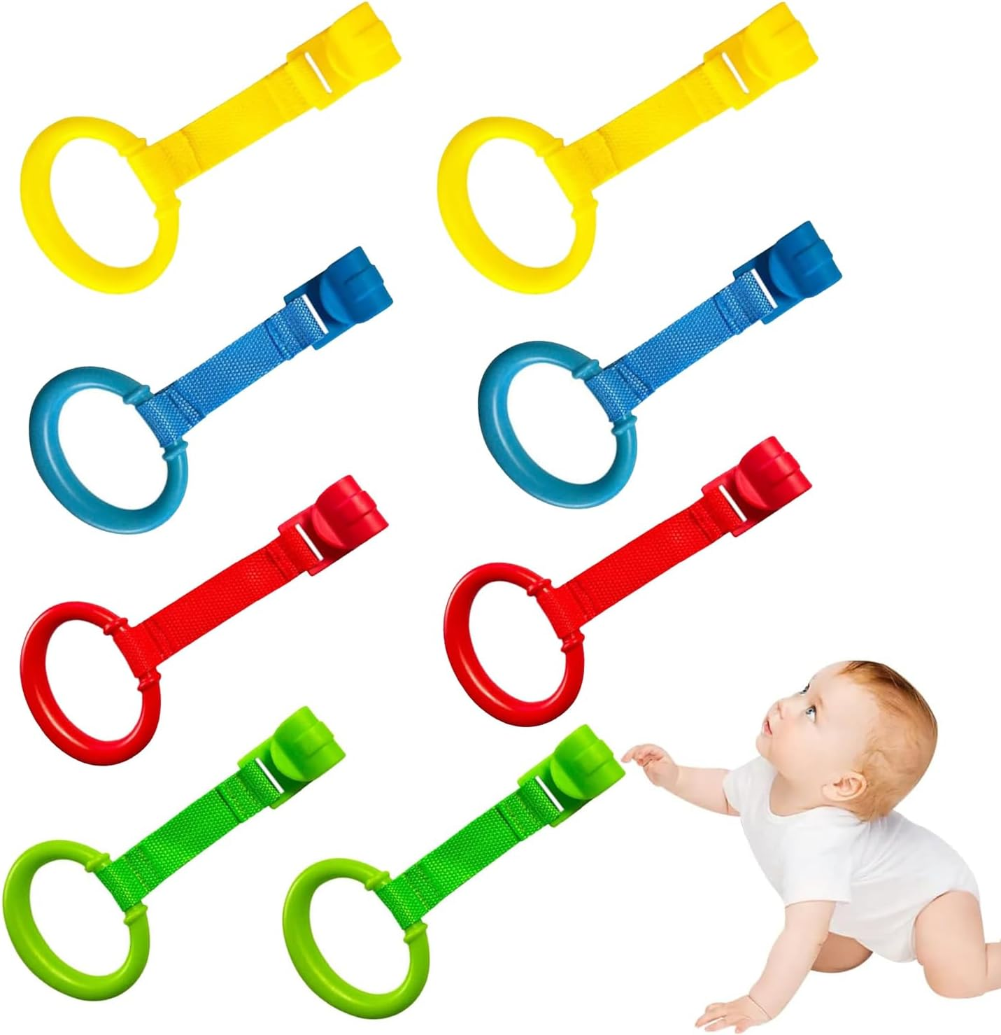 UOEPOWA 8 Pcs Baby Pull up Rings, Bed Stand up Assistant, Kids Walking Exercises Assistant Stand Up, Kids Walking Training Tool, Baby Walking Exercises Assistant Rings (4 Colors) image number 1