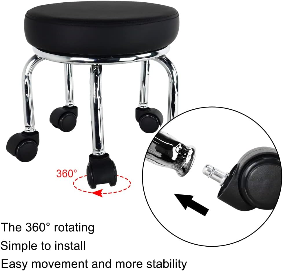 WKWKER Modern Roller Seat PU Leather Low round Rolling Stool 360&deg; Swivel Small Stool with Universal Caster Wheels Foot Stool for Home Office Garage Shop Fitness Sport H：12.4" （Black） image number 2