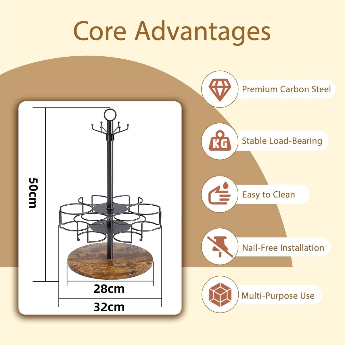 Blissify Water Bottle Organiser for Stanley 40Oz/30Oz Tumbler with Handle & Hooks, Rotating Stanley Cup Organizer Holder, Tumbler Storage Lazy Susan, Vintage Brown - Black image number 5