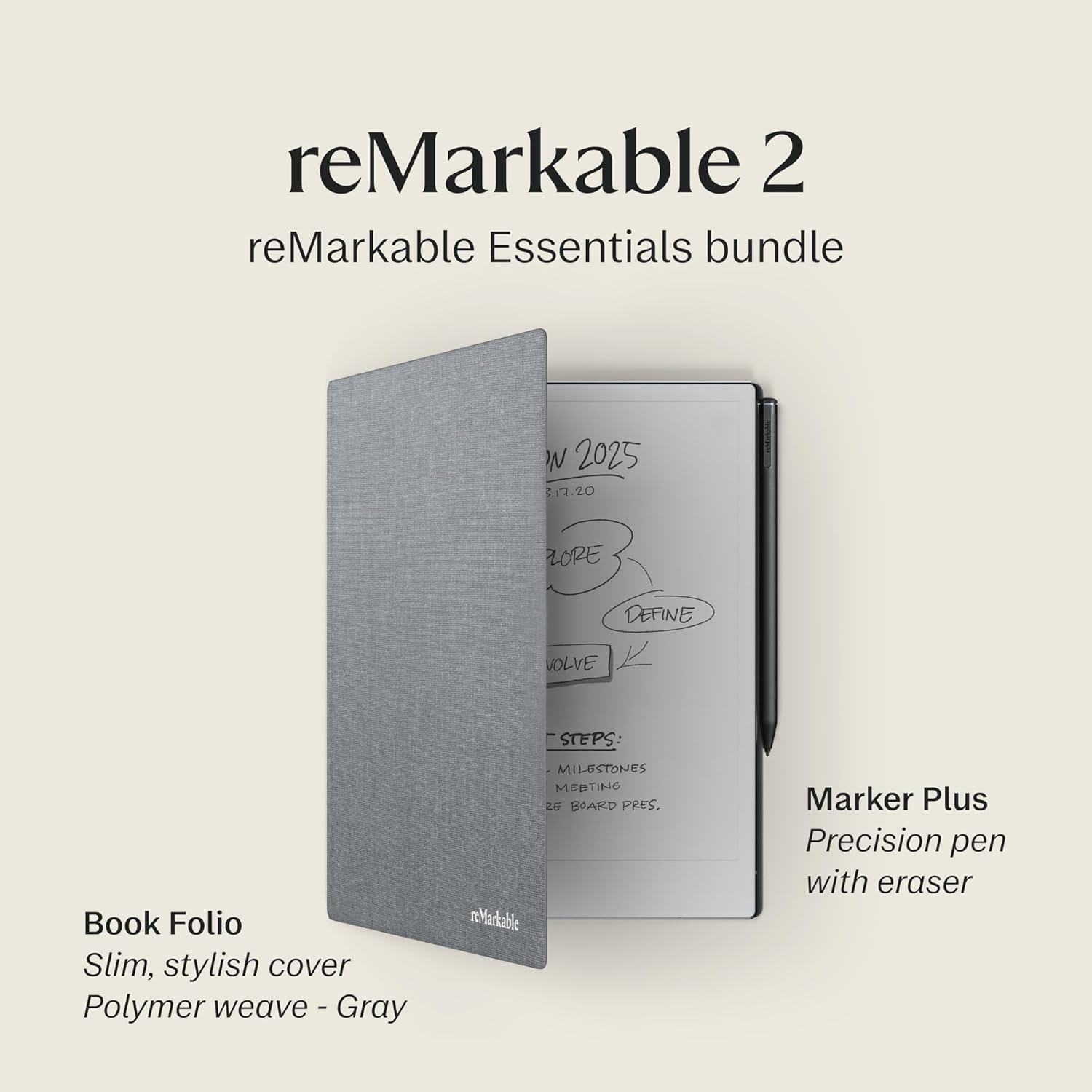 Remarkable Essentials Bundle &ndash; Gray | Remarkable 2 Paper Tablet | Includes Black and White 10.3&rdquo; Writing Tablet, Marker plus Pen with Eraser, Book Folio Cover in Gray Weave - Black image number 4