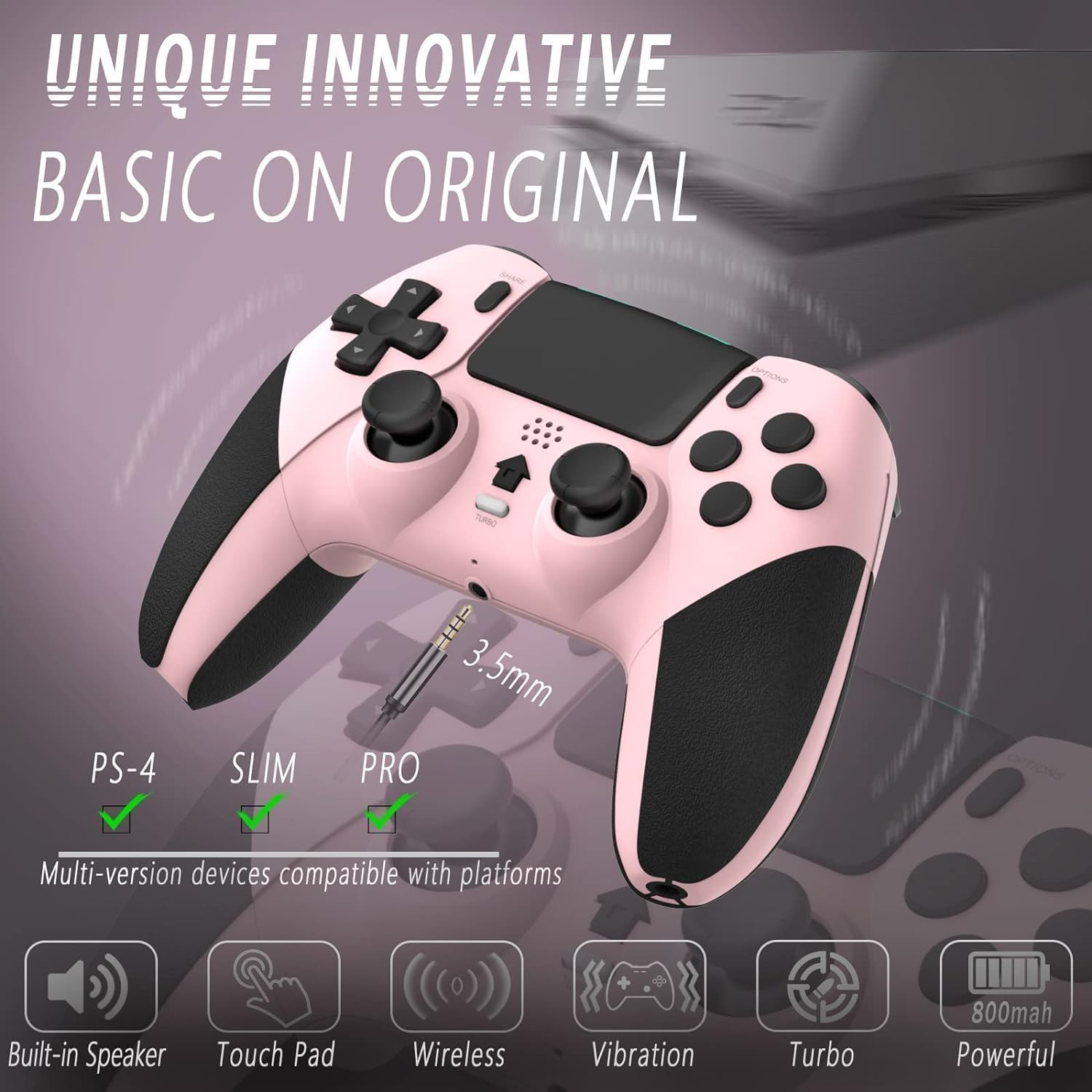 Wireless Pro Controller for PS4 Controller, Game Controller Compatible with Playstation 4/ Slim/ Pro/ PC, Built-In 800Mah Rechargeable Battery/ Responsive Joystick and Buttons/ Audio/ Turbo (White & Black) (Pink+Black) image number 2