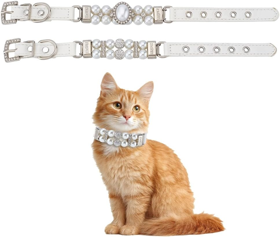 PLIGREAT 2 Styles White Pearl Collars for Dogs Bling Rhinestone Crystal Cat Collar Pet Bead Collar Necklace Adjustable Beads Leather Necklace for Puppies Cats Dogs Pets XS image number 5