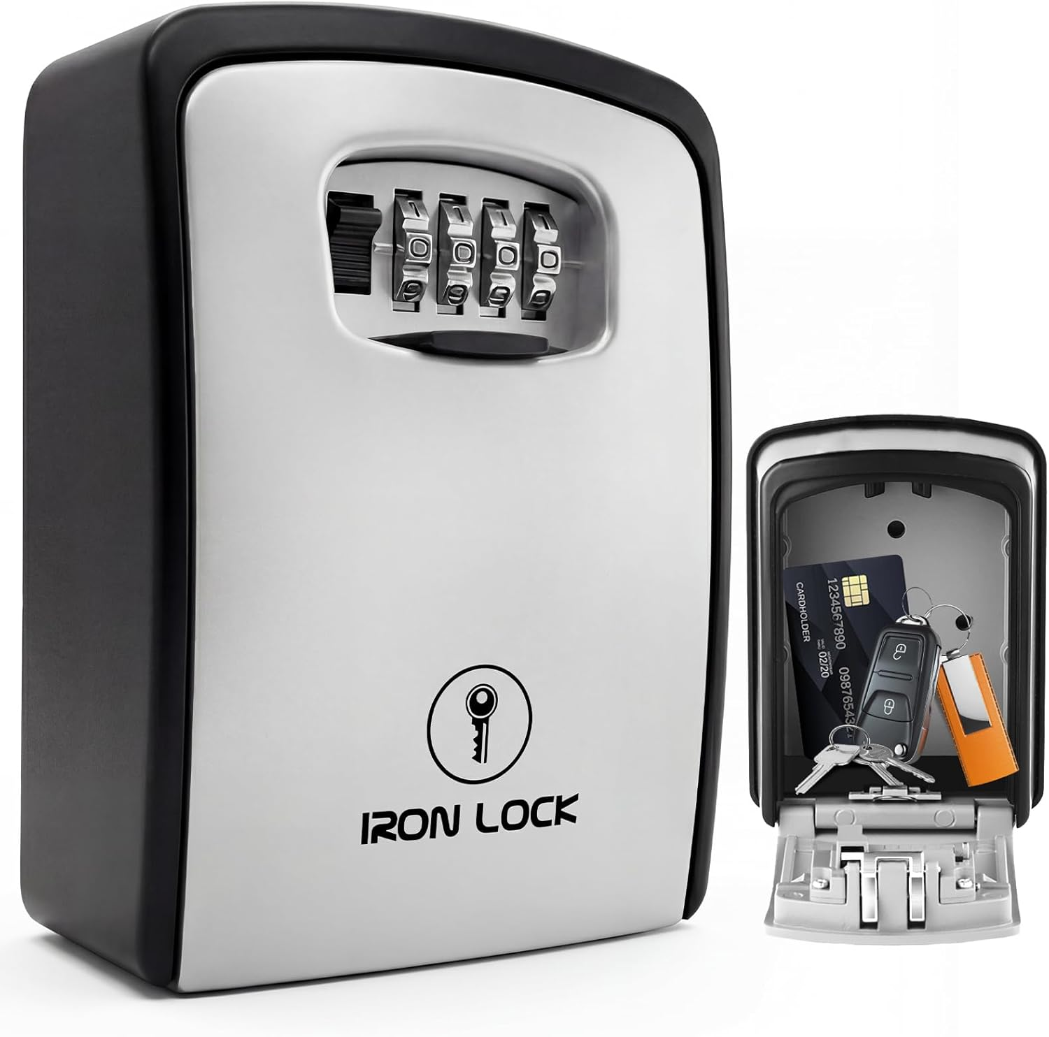 Iron Lock&reg; - XXL Key Lock Box Wall Mount for Keys 4 Digit Combination with Resettable Code with a B Switch Extra Large Lockbox Indoor Outdoor Waterproof Big Key Lock Box House Spare Keys Hide a Key