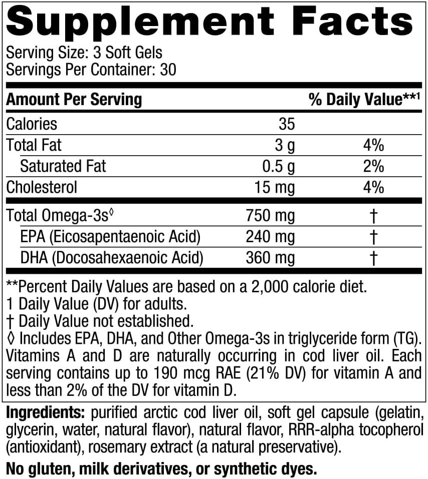 Nordic Naturals Arctic Cod Liver Oil, Lemon - 90 Soft Gels - 750 Mg Total Omega-3S with EPA & DHA - Heart & Brain Health, Healthy Immunity, Overall Wellness - Non-Gmo - 30 Servings image number 4