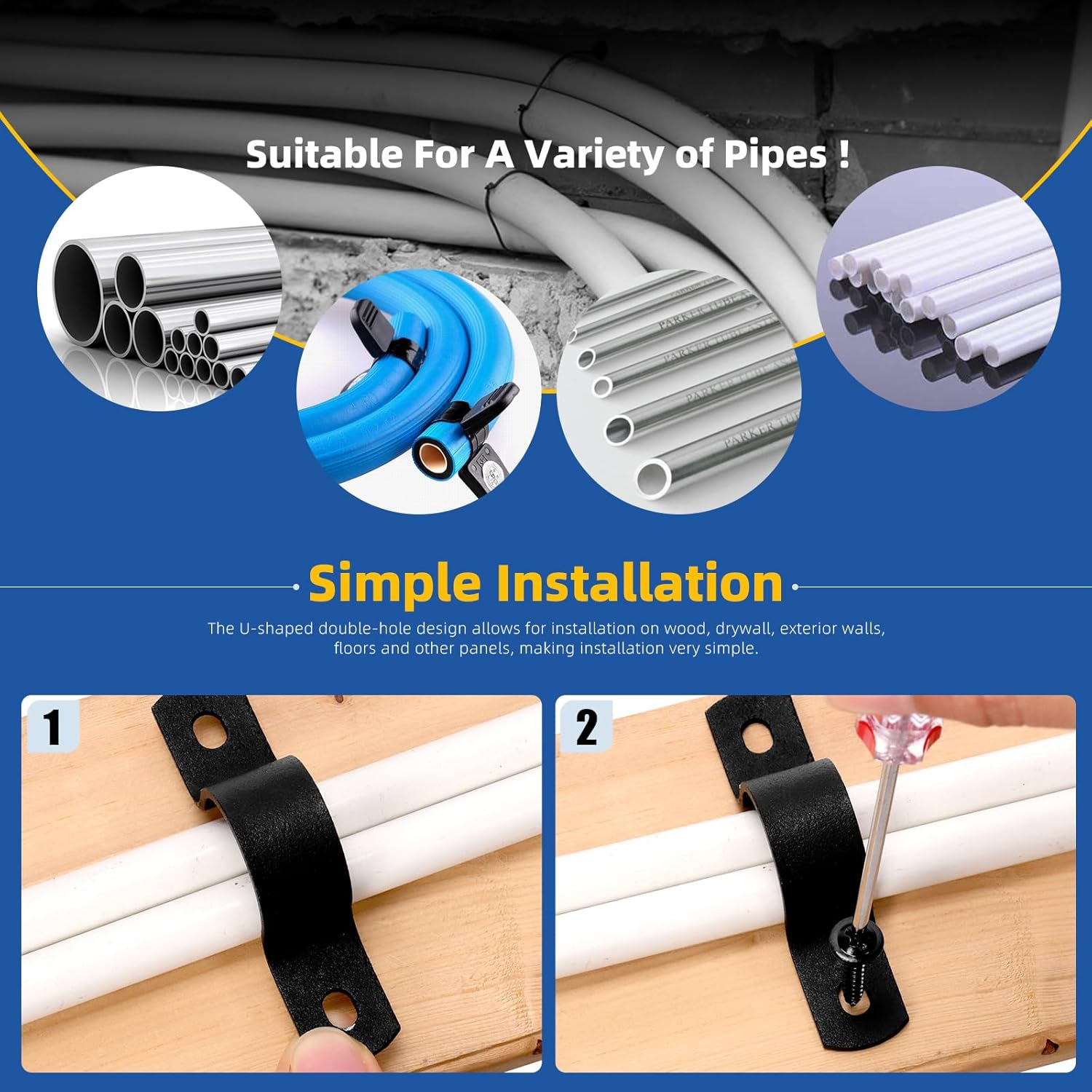 Glarks 30Pcs 25Mm Pipe Strap Clamp, Black Carbon Steel 2 Hole Strap Heavy Duty Rigid Pipe Strap U Bracket Tube Strap Cable Clamp Hanger Tension Tube Clip with Screw for Pipe Tube Cable Fixing image number 4