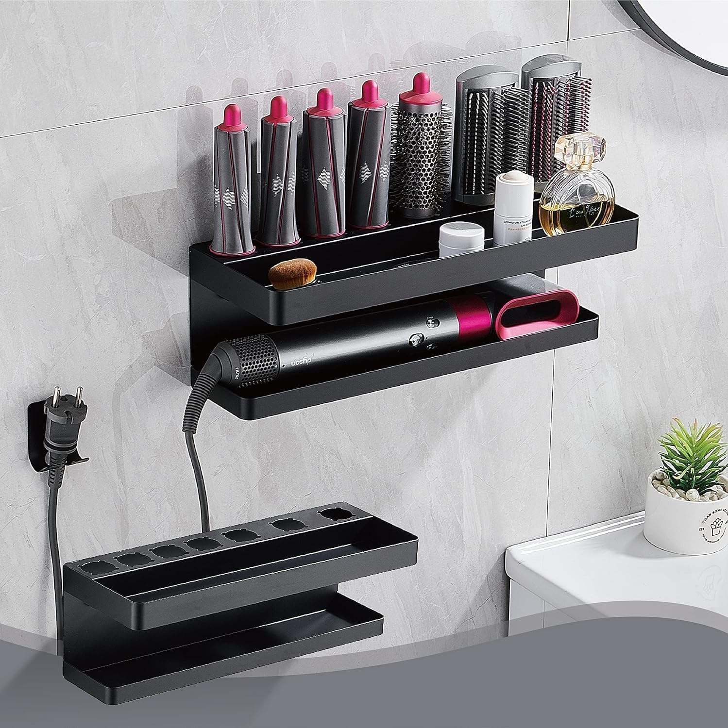 Wall Mounted Storage Holder for Dy Son SS304, Airwrap Curling Iron Accessories Wall Mounted Rack Bracket Stand for Dy Son SS304, for Bathroom Attachments Hair Dryer Organizer, 2 Layers (Black) image number 4