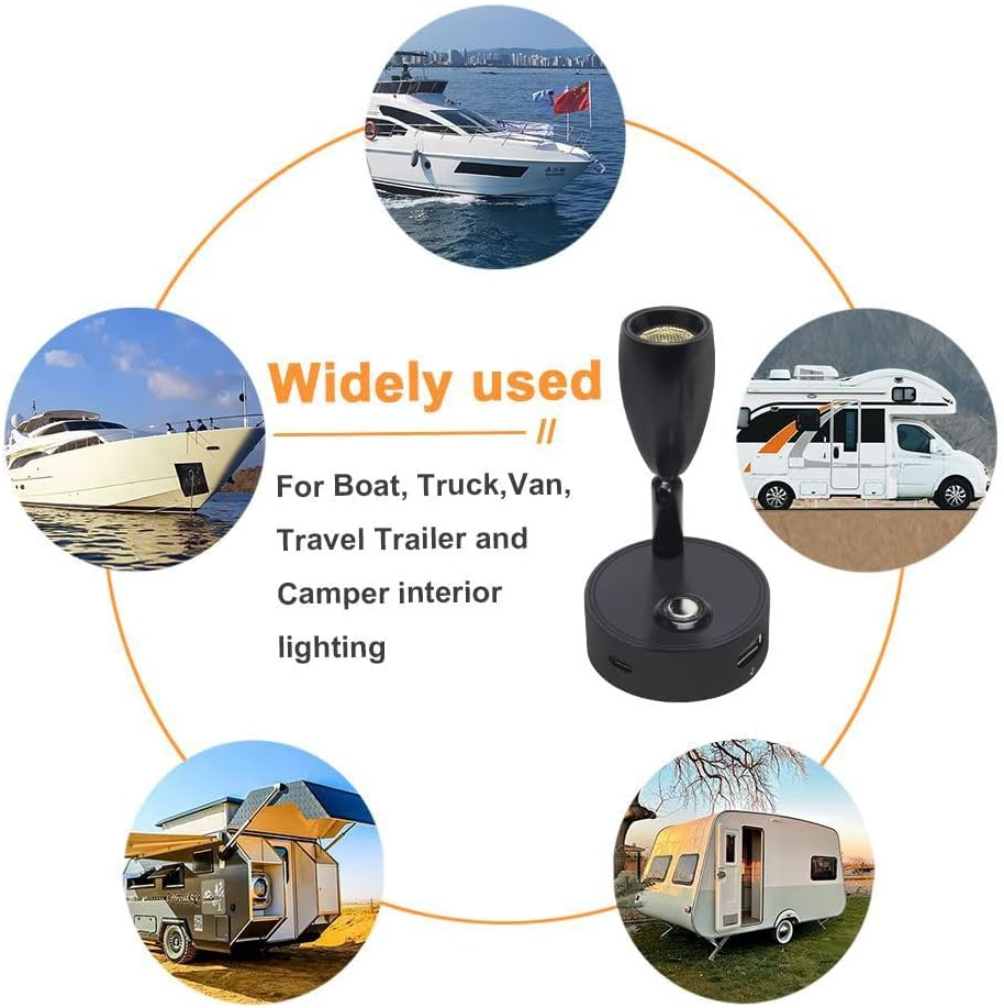 12V LED RV Reading Light with Dual Charging Ports, 3CCT Touch Control Dimmable12V Bedside Light Fixture Spotlight for Motor-House Camper Caravan Vehicle Vessel Boat Yacht (Silvery) image number 2