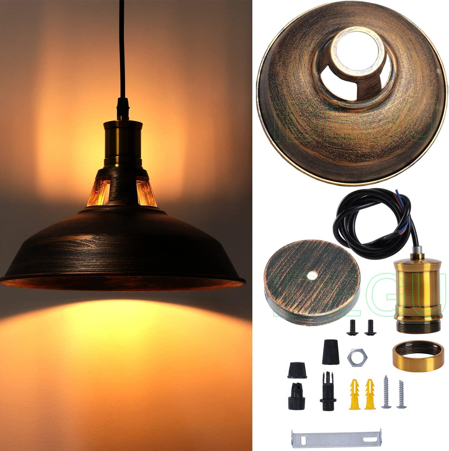 Idegu Pack of 2 Pendant Lights, Retro Pendant Lamp, Industrial Lampshade in Iron, Diameter 27 Cm, Vintage Pendant Light for Kitchen, Dining Room, Living Room, Bedroom, Hallway, Restaurant (Bronze) image number 1