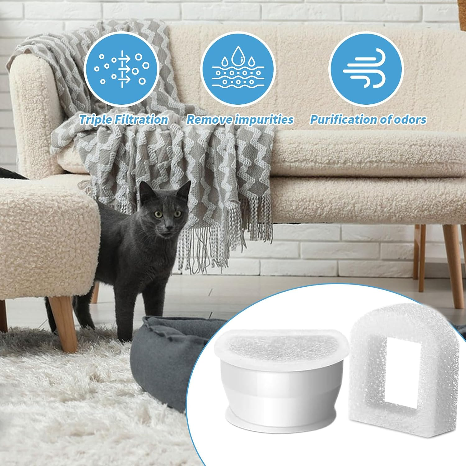 8 X Replacement Carbon Filters for Cat Fountain, Drinkwell Drinking Fountain Filter with 8 Foam Filters, Water Fountain Filter for Cats Dogs for Avalon Pagoda Gallon Seaside Butterly Sedona Seascape image number 4
