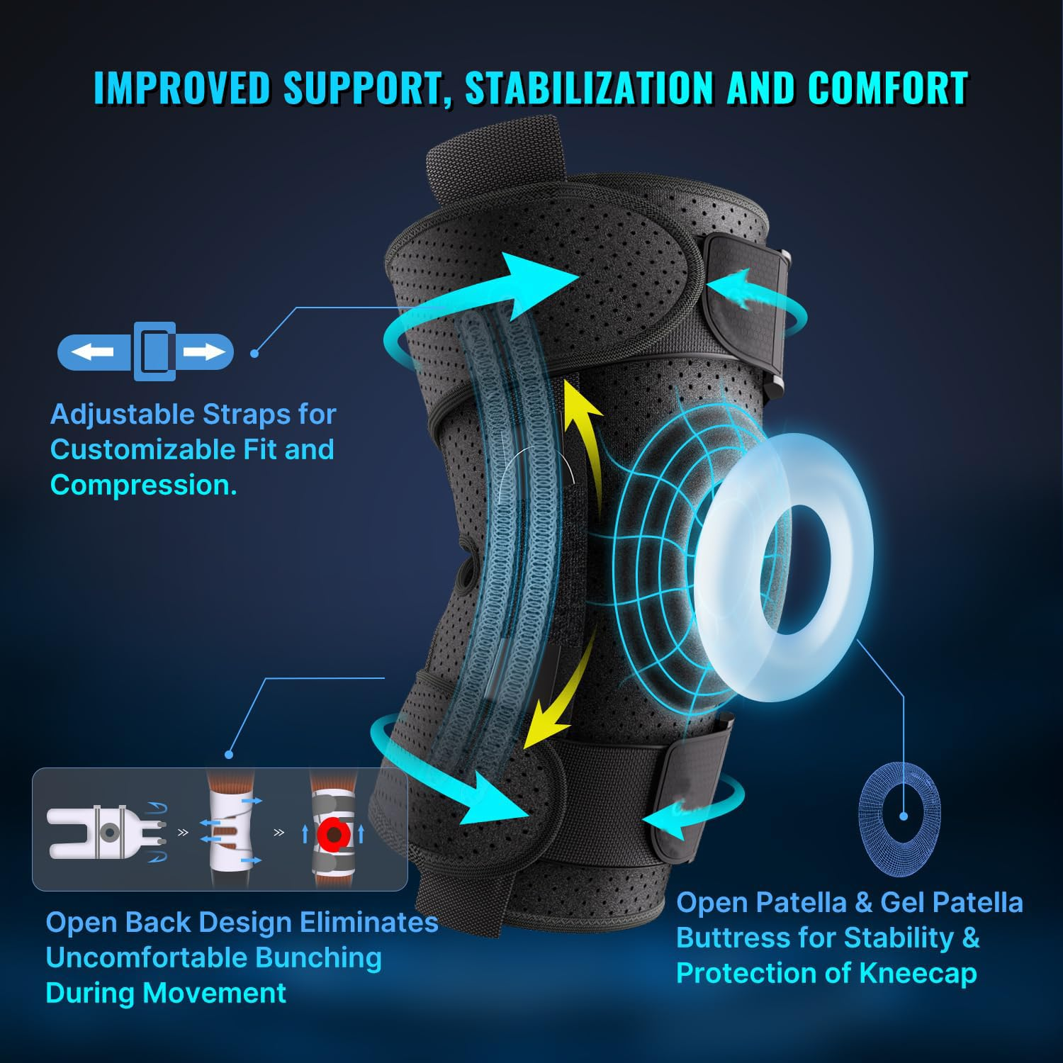 Hinged Knee Brace for Men and Women, Breathable Fabric Adjustable Patellar Knee Support for Meniscus Tear Knee Pain Relief Meniscus Arthritis W/Side Stabilizers & Hinge S - Black M image number 6