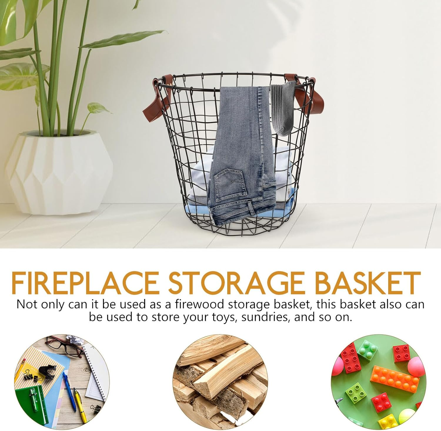 Round Metal Firewood Storage Basket with Handle Iron Wire Organizer for Logs and Sundries Large Capacity Rustic Carrier for Indoor Outdoor Use