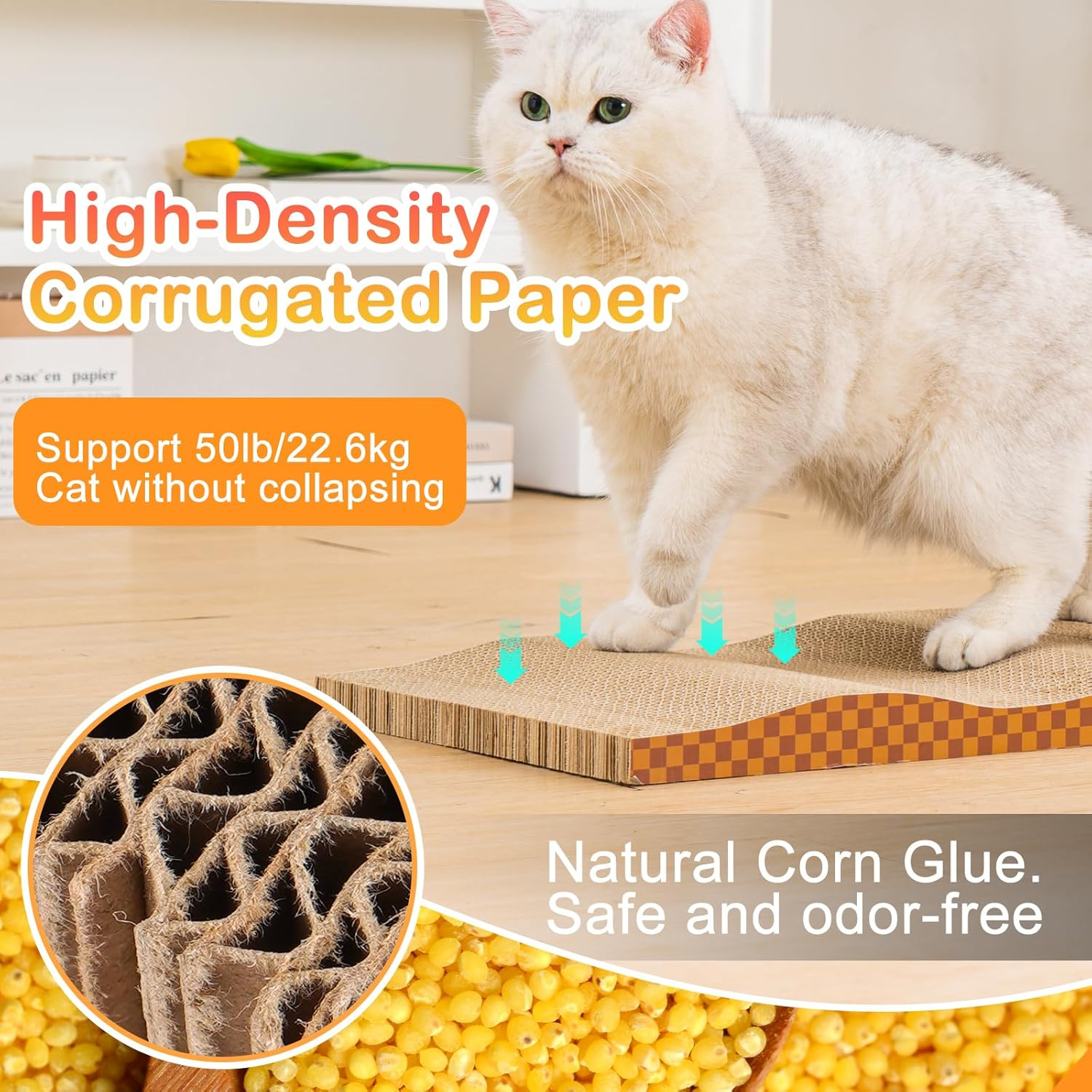 Uross Cat Scratcher Box 3 in 1 Reversible Cardboard Scratching Pad and 1PCS 40 X 60 CM Natural Sisal Cat Scratch Mat, 2 PCS Scratching Pads Double-Sided Texture Curve Design Cat Scratch Board for Sofa image number 6