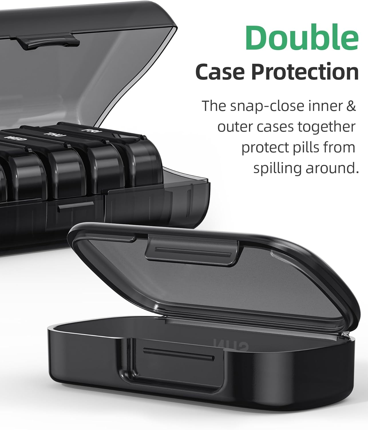 PULIV Pill Organizer with Large Capacity, Dual Protection Pill Box 7 Day, Arthritis Friendly Pill Case Easy to Open, Weekly Medicine Organizer for Vitamins, Medications, Fish Oils, Supplements (Black) image number 2