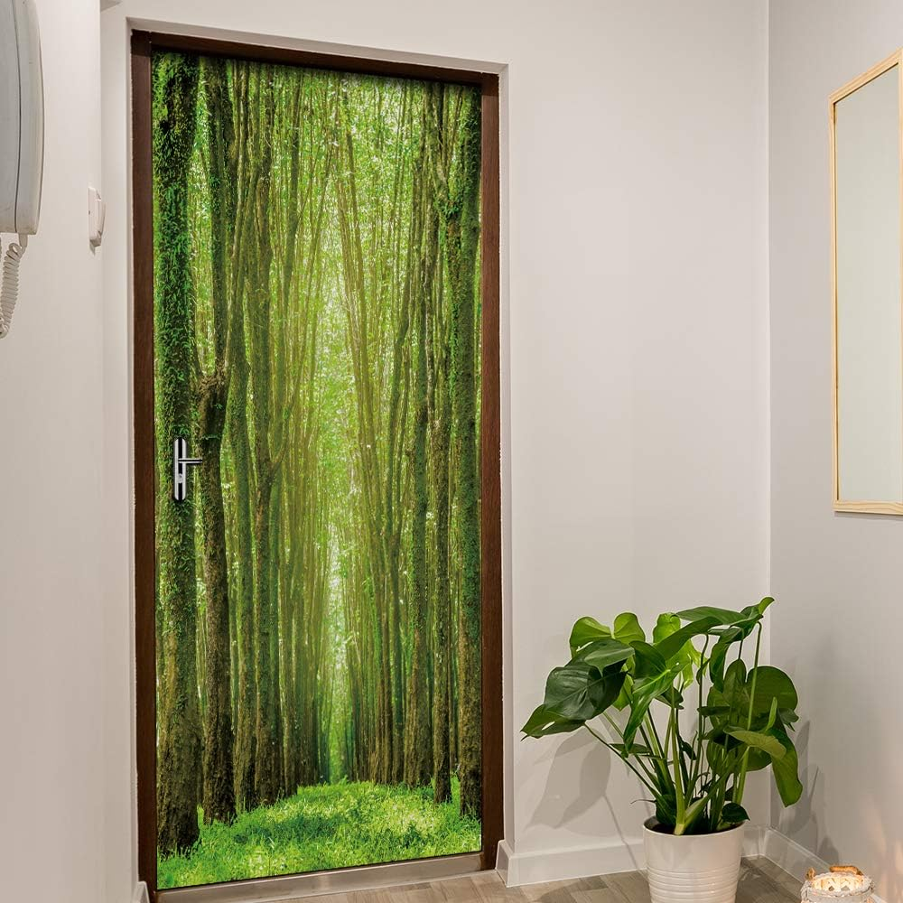 Nature Art Self Stick Vinyl Door Mural Sticker, Peel and Stick Removable Refrigerator Wrap Decal, Green Forest, 32.3X78.7, 2 Pcs Set - Bookcase image number 2