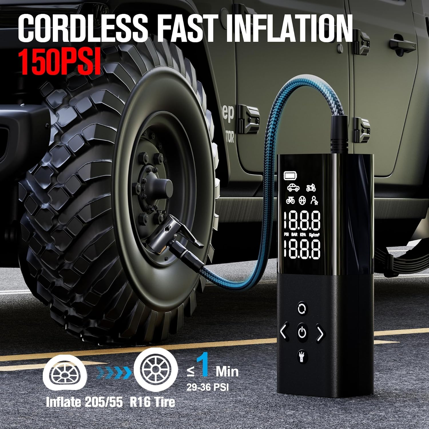 GOOLOO AP150 Tire Inflator Portable Air Compressor, 2X Faster 150PSI Cordless Air Pump for Car Tires with Auto-Shutoff, Portable Tire Pump with Digital Pressure Gauge for Car, Motorcycle,Bike, Ball image number 3