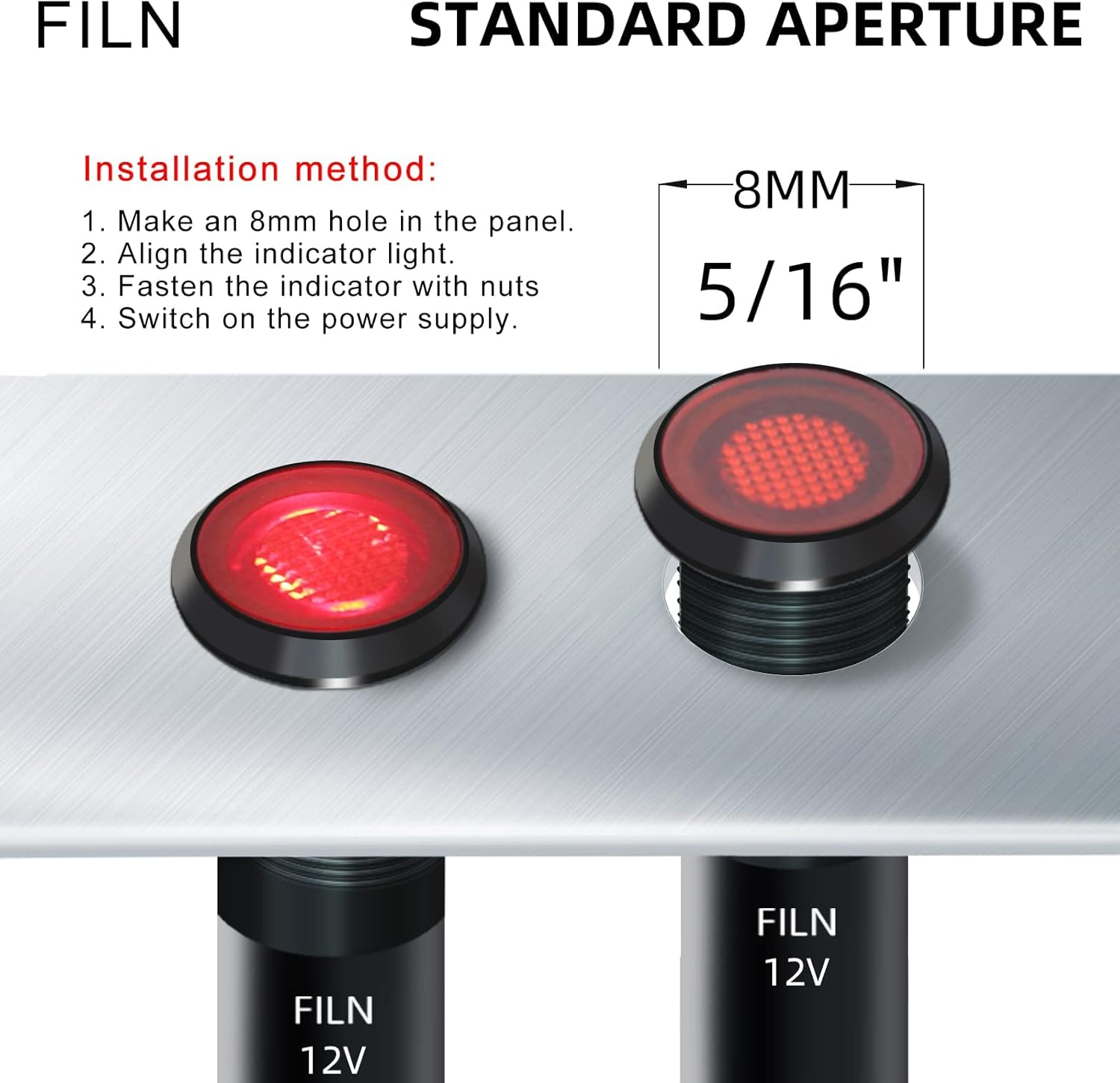 LED Indicator Light 5Pcs 8MM (5/16'') 12V 24V Metal Pilot Lamp Black Anodized Waterproof Ip67 Red Signal Lamp(Red) - Green image number 6