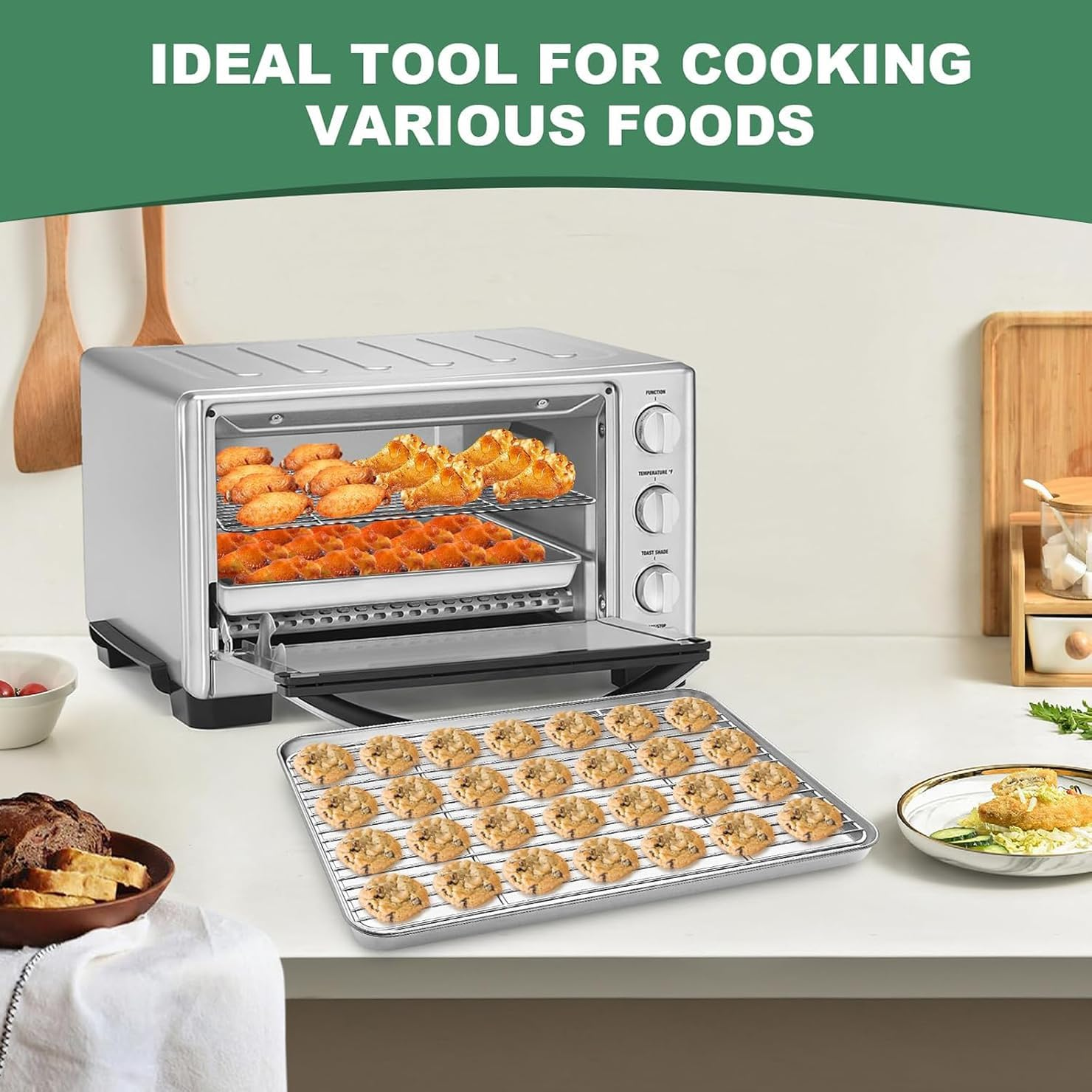 Baking Tray with Wire Rack Set, Stainless Steel Cake Pan Cookie Sheet Rectangle Bakeware Set with Cooling Rack for Oven, Healthy & Heavy Duty, Sturdy & Dishwasher Safe(2 Pans + 2 Racks)