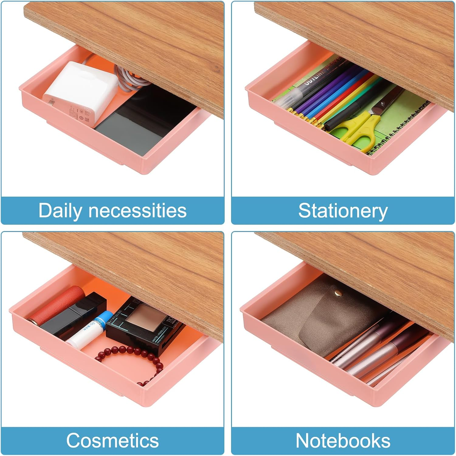 Uxcell under Desk Drawer, 2 Pcs under Table Storage Self-Adhesive Attachment Drawers Organizer for Pens Standing Desk Office Studio Home, Gray, Large image number 2