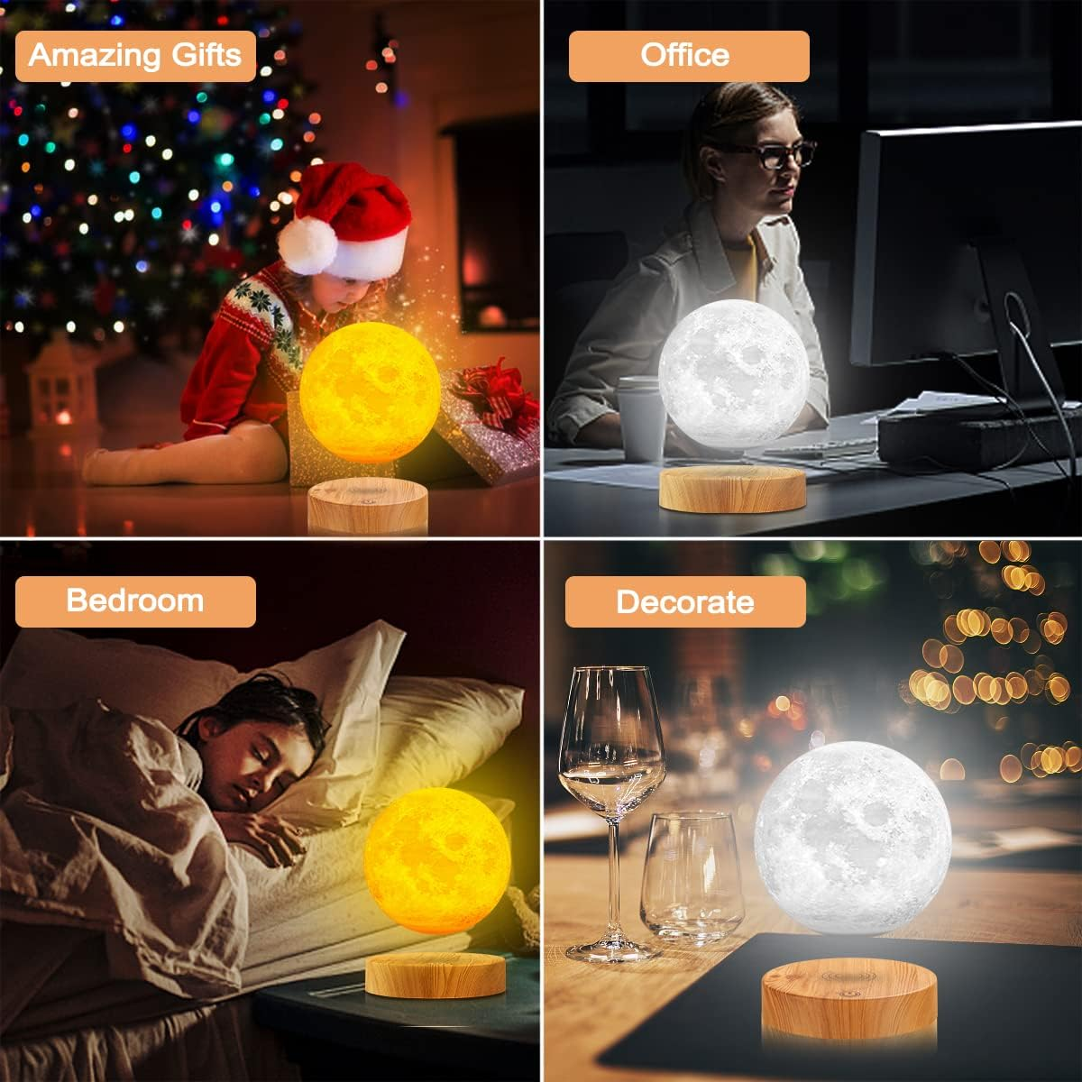 Levitating Moon Lamp - 3 Colors Modes Magnetic Levitation LED Moon Light, Rotation Floating 3D Printing Moon Night Lights for Home Office Desk Room Decoration round Base image number 2