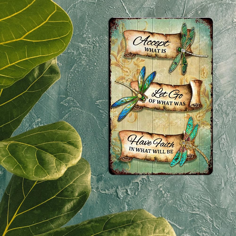 Dragonfly Tin Sign Retro Accept What Is Metal Signs Vintage Dragonfly Wall Art Outdoor Garden Decor Dragonfly Gifts for Women Bathroom Sign Home Decoration Let Go of What Was Have Faith in What Will image number 1