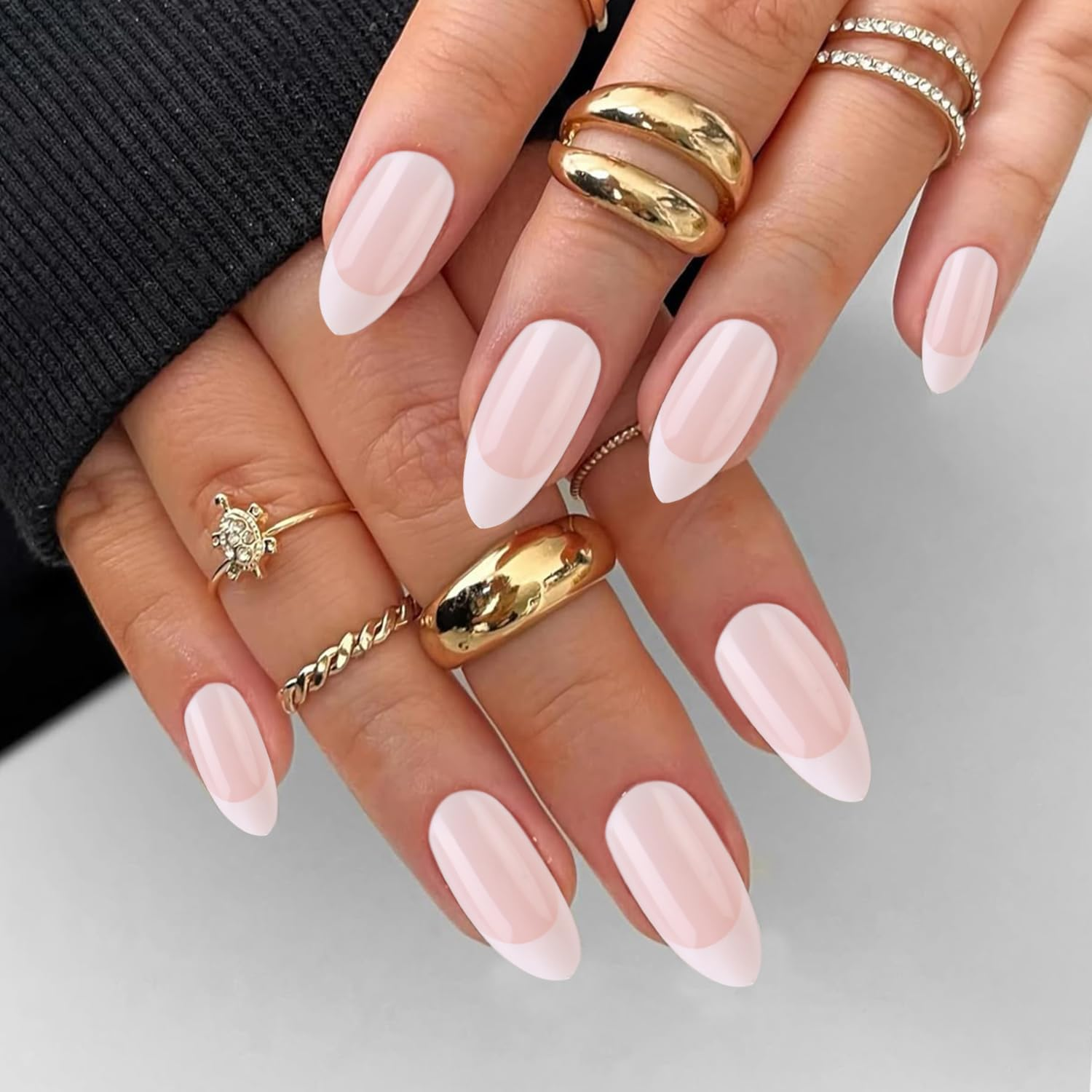 24 Pieces Long Almond French Press on Nails Kit, White Tips, Full Coverage Artificial Nails (French - Almond)