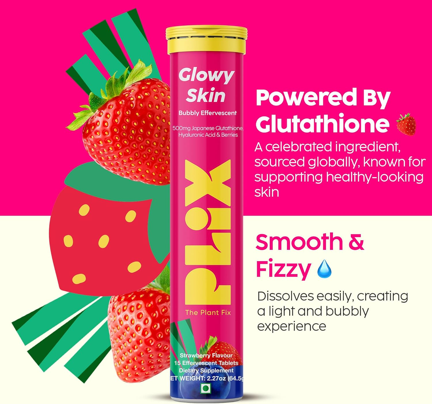 PLIX Glutathione Skin Glow 90 Effervescent Tablets 500Mg for Clear and Youthful Skin | Reduces Pigmentation, Fades Dark Spots, Hydrates Skin | Pack of 6, Strawberry Flavour