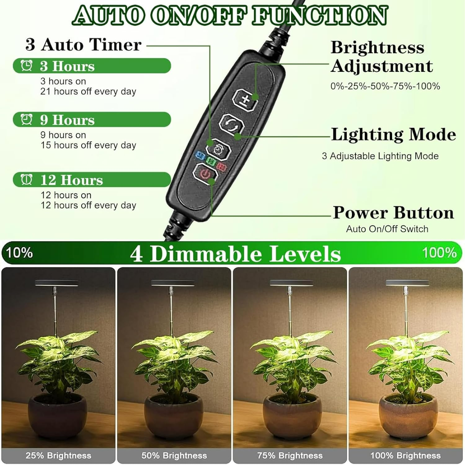 Plant Grow Light, 2Pack LED Growing Lamp Full Spectrum for Indoor Plant, Height Adjustable Plant Light with Auto On/Off Timer 3/9/12H,4 Dimmable Brightness for Small Plant, Black image number 6