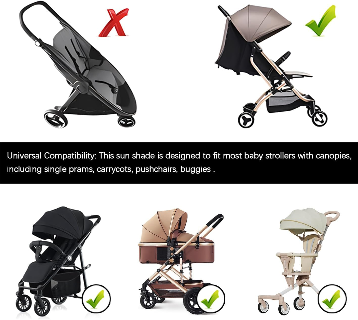 Adjustable Breathable Baby Stroller Sunshade Canopy and Windproof Umbrella, Black for Prams, Pushchairs and Buggies image number 4