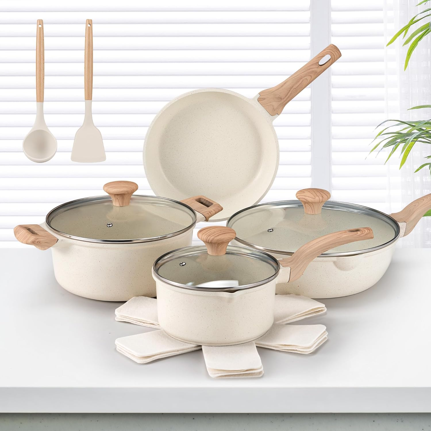 Zuni 13 Pcs Pots and Pans Set, Nonstick Ceramic Cookware Set, Non-Toxic Cooking Utensils Set Includes Frypan, Saucepan, Stockpot, Spatula & Spoon Tools and Pot Protectors, PFOA & PFOS Free, White image number 4