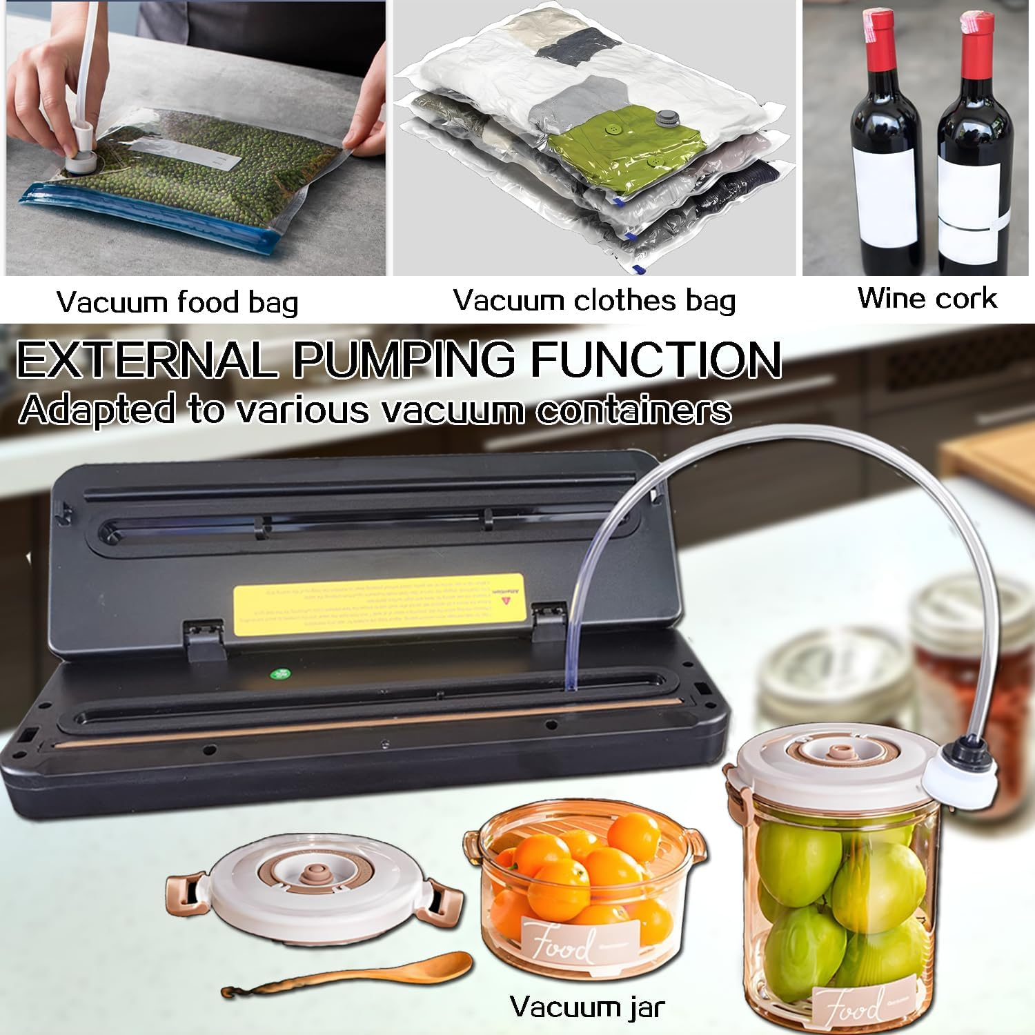 Vacuum Sealer Machine, 6-In-1 Automatic Sealing Food Saver Machine,One Touch Automatic Sealing, Fast-Compact Food Sealer with 10Pcs Airtight Bags & External Vacuum Tube，Built-In Cutter(Grey) image number 2